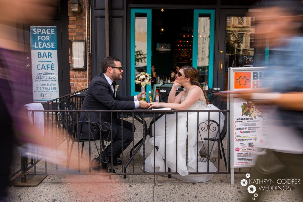 Manhattan elopement couple eating burritos at Blockheads where they met in NYC