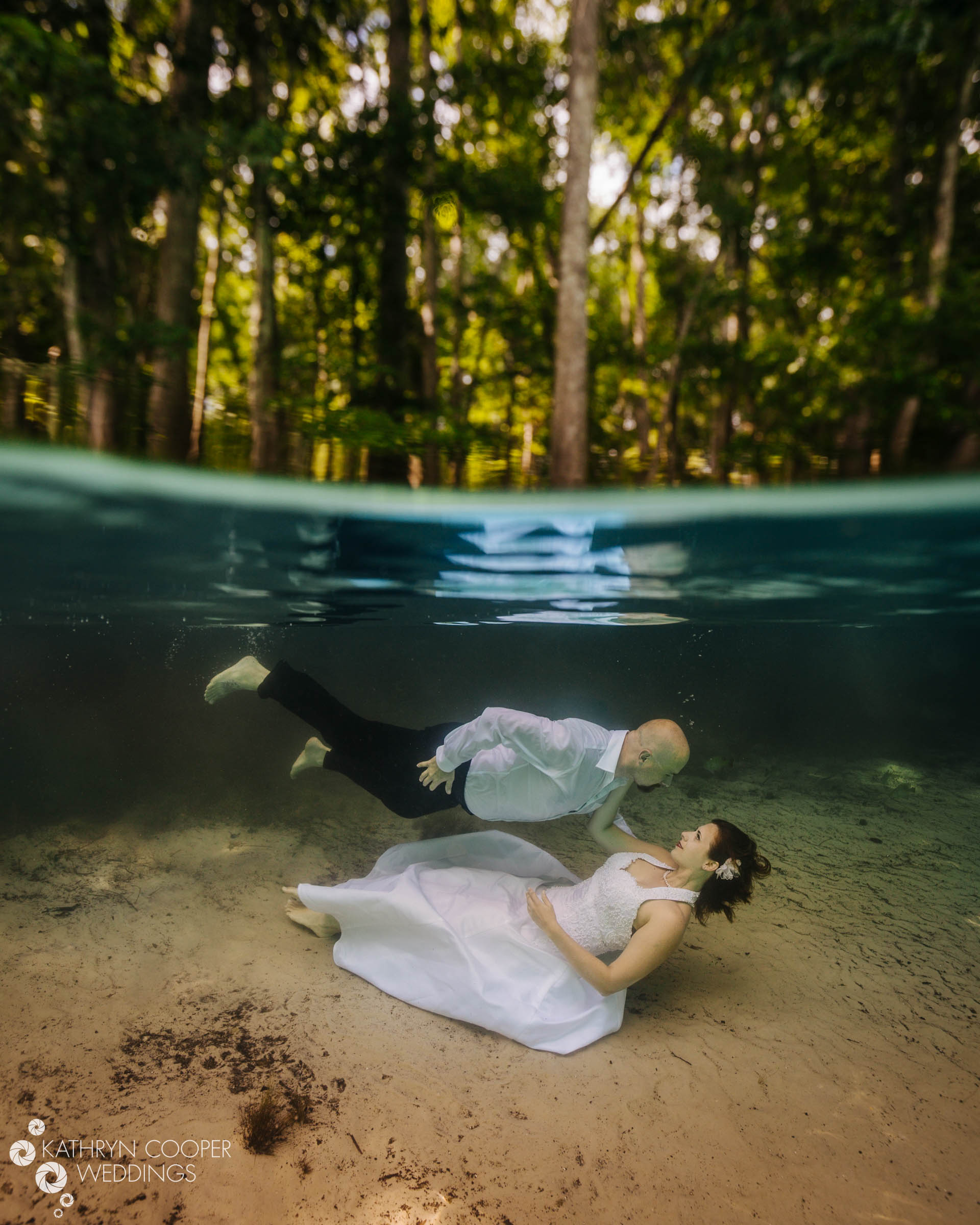 Split photo half underwater half above ground of people